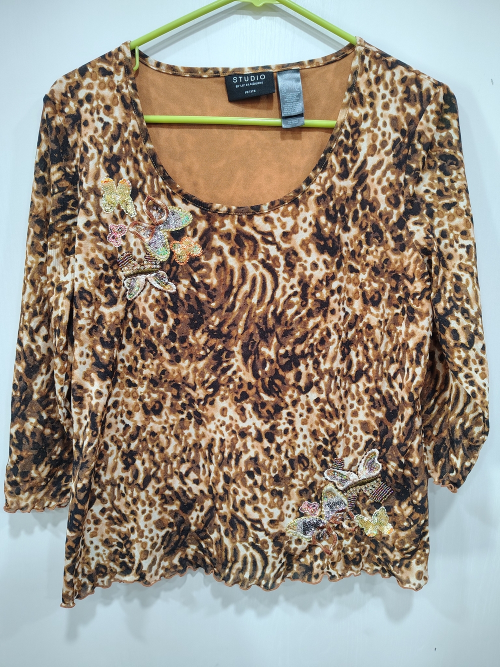 Studio Brown Tan Leopard Print Scoop Neck Top with Beaded Floral Appliqués
